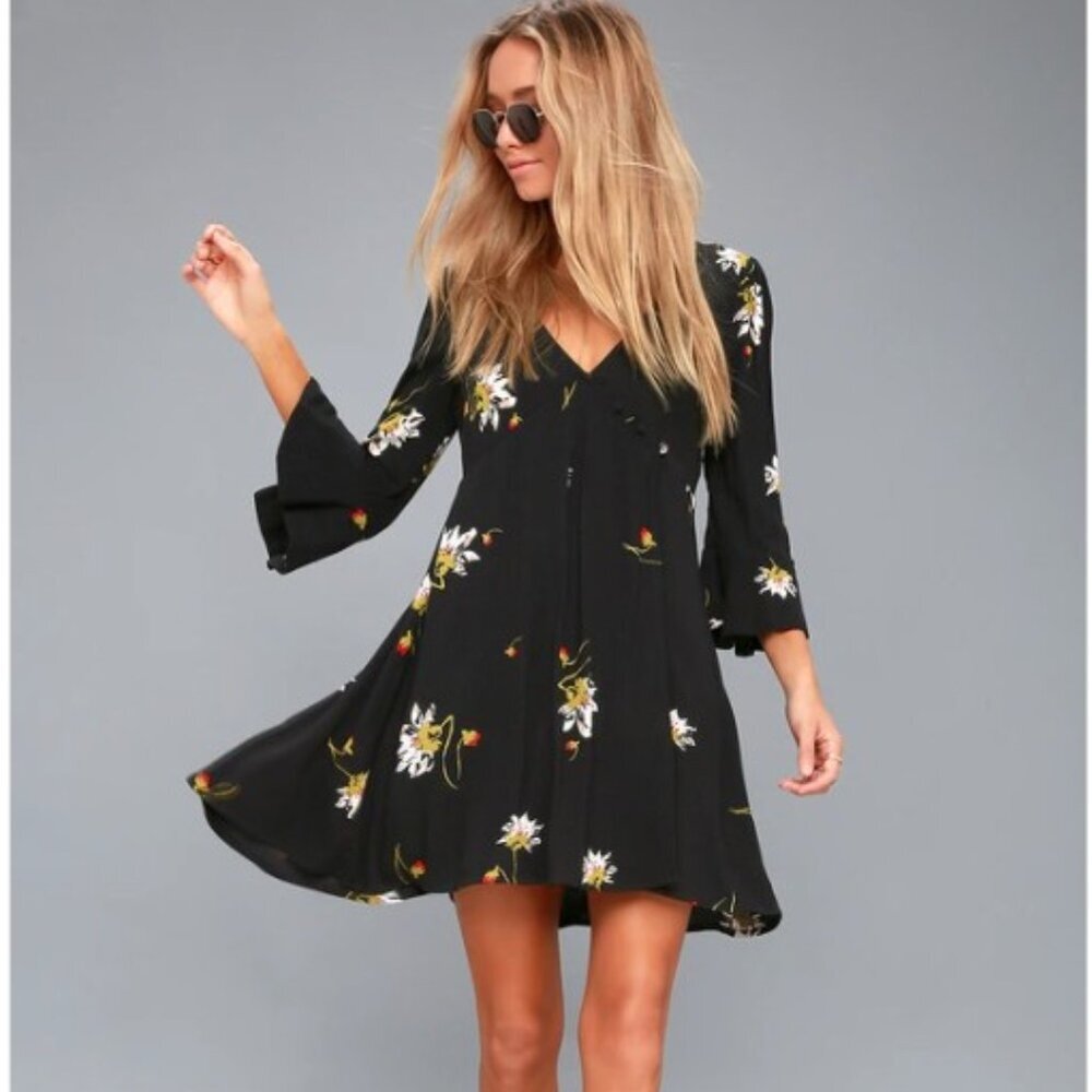 Free People Time On My Side Black Floral Print Dress - Picture 1 of 6